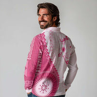 Bula Fiji Long Sleeve Polo Shirt Pink Plumeria Masi Tapa Pattern - Polynesian Pride