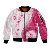 Bula Fiji Sleeve Zip Bomber Jacket Pink Plumeria Masi Tapa Pattern LT05 Unisex Pink - Polynesian Pride