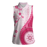 Bula Fiji Women Sleeveless Polo Shirt Pink Plumeria Masi Tapa Pattern - Polynesian Pride