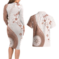 Bula Fiji Couples Matching Long Sleeve Bodycon Dress and Hawaiian Shirt Brown Plumeria Masi Tapa Pattern LT05 - Polynesian Pride