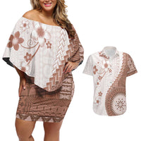 Bula Fiji Couples Matching Off Shoulder Short Dress and Hawaiian Shirt Brown Plumeria Masi Tapa Pattern LT05 Brown - Polynesian Pride