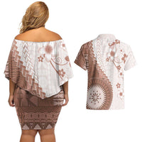 Bula Fiji Couples Matching Off Shoulder Short Dress and Hawaiian Shirt Brown Plumeria Masi Tapa Pattern LT05 - Polynesian Pride