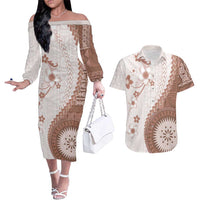 Bula Fiji Couples Matching Off The Shoulder Long Sleeve Dress and Hawaiian Shirt Brown Plumeria Masi Tapa Pattern LT05 Brown - Polynesian Pride