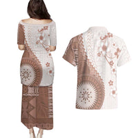 Bula Fiji Couples Matching Puletasi and Hawaiian Shirt Brown Plumeria Masi Tapa Pattern - Polynesian Pride