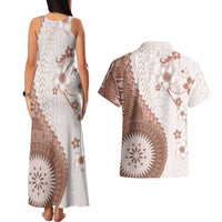 Bula Fiji Couples Matching Tank Maxi Dress and Hawaiian Shirt Brown Plumeria Masi Tapa Pattern LT05 - Polynesian Pride