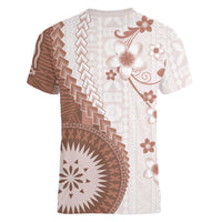 Bula Fiji Women V-Neck T-Shirt Brown Plumeria Masi Tapa Pattern - Polynesian Pride