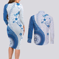 Bula Fiji Couples Matching Long Sleeve Bodycon Dress and Long Sleeve Button Shirt Blue Plumeria Masi Tapa Pattern LT05 - Polynesian Pride