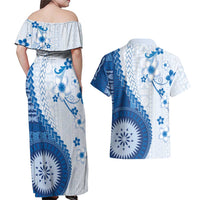 Bula Fiji Couples Matching Off Shoulder Maxi Dress and Hawaiian Shirt Blue Plumeria Masi Tapa Pattern LT05 - Polynesian Pride