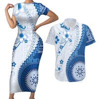 Bula Fiji Couples Matching Short Sleeve Bodycon Dress and Hawaiian Shirt Blue Plumeria Masi Tapa Pattern LT05 Blue - Polynesian Pride