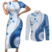 Bula Fiji Couples Matching Short Sleeve Bodycon Dress and Long Sleeve Button Shirt Blue Plumeria Masi Tapa Pattern LT05 Blue - Polynesian Pride