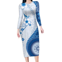 Bula Fiji Family Matching Long Sleeve Bodycon Dress and Hawaiian Shirt Blue Plumeria Masi Tapa Pattern LT05 Mom's Dress Blue - Polynesian Pride