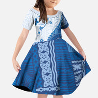 Bula Fiji Family Matching Off Shoulder Maxi Dress and Hawaiian Shirt Blue Plumeria Masi Tapa Pattern LT05 Daughter's Dress Blue - Polynesian Pride
