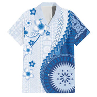 Bula Fiji Family Matching Off Shoulder Maxi Dress and Hawaiian Shirt Blue Plumeria Masi Tapa Pattern LT05 Dad's Shirt - Short Sleeve Blue - Polynesian Pride