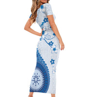 Bula Fiji Family Matching Short Sleeve Bodycon Dress and Hawaiian Shirt Blue Plumeria Masi Tapa Pattern LT05 - Polynesian Pride