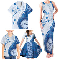 Bula Fiji Family Matching Tank Maxi Dress and Hawaiian Shirt Blue Plumeria Masi Tapa Pattern LT05 - Polynesian Pride