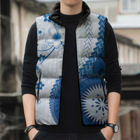 Bula Fiji Sleeveless Puffer Jacket Blue Plumeria Masi Tapa Pattern - Polynesian Pride