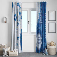 Bula Fiji Window Curtain Blue Plumeria Masi Tapa Pattern - Polynesian Pride