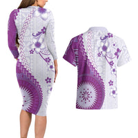 Bula Fiji Couples Matching Long Sleeve Bodycon Dress and Hawaiian Shirt Violet Plumeria Masi Tapa Pattern LT05 - Polynesian Pride