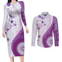 Bula Fiji Couples Matching Long Sleeve Bodycon Dress and Long Sleeve Button Shirt Violet Plumeria Masi Tapa Pattern LT05 Violet - Polynesian Pride