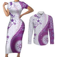 Bula Fiji Couples Matching Short Sleeve Bodycon Dress and Long Sleeve Button Shirt Violet Plumeria Masi Tapa Pattern LT05 Violet - Polynesian Pride