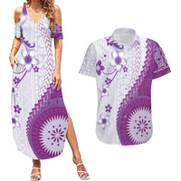 Bula Fiji Couples Matching Summer Maxi Dress and Hawaiian Shirt Violet Plumeria Masi Tapa Pattern LT05 Violet - Polynesian Pride