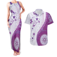 Bula Fiji Couples Matching Tank Maxi Dress and Hawaiian Shirt Violet Plumeria Masi Tapa Pattern LT05 Violet - Polynesian Pride