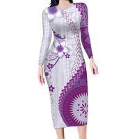 Bula Fiji Family Matching Long Sleeve Bodycon Dress and Hawaiian Shirt Violet Plumeria Masi Tapa Pattern LT05 Mom's Dress Violet - Polynesian Pride