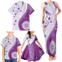 Bula Fiji Family Matching Tank Maxi Dress and Hawaiian Shirt Violet Plumeria Masi Tapa Pattern LT05 - Polynesian Pride