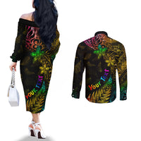 Personalised New Zealand Wellington Pride Couples Matching Off The Shoulder Long Sleeve Dress and Long Sleeve Button Shirt Rainbow Silver Fern Paua Shell LT05 - Polynesian Pride