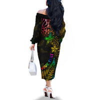 Personalised New Zealand Wellington Pride Family Matching Off Shoulder Long Sleeve Dress and Hawaiian Shirt Rainbow Silver Fern Paua Shell LT05 - Polynesian Pride
