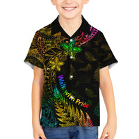 Personalised New Zealand Wellington Pride Family Matching Tank Maxi Dress and Hawaiian Shirt Rainbow Silver Fern Paua Shell LT05 Son's Shirt Black - Polynesian Pride