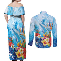 Polynesia Humpback Whale Couples Matching Off Shoulder Maxi Dress and Long Sleeve Button Shirt Ocean Style