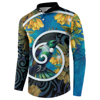 New Zealand Tui Bird Button Sweatshirt Maori Koru With Kowhai Flowers