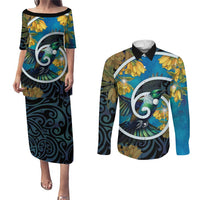 New Zealand Tui Bird Couples Matching Puletasi and Long Sleeve Button Shirt Maori Koru With Kowhai Flowers LT05 Black - Polynesian Pride