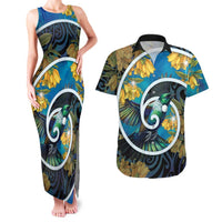 New Zealand Tui Bird Couples Matching Tank Maxi Dress and Hawaiian Shirt Maori Koru With Kowhai Flowers LT05 Black - Polynesian Pride