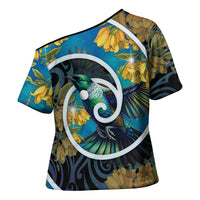 New Zealand Tui Bird Cross Shoulder Shirt Maori Koru With Kowhai Flowers LT05 - Polynesian Pride