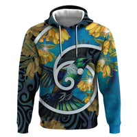 New Zealand Tui Bird Hoodie Maori Koru With Kowhai Flowers LT05 Pullover Hoodie Black - Polynesian Pride