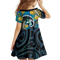 New Zealand Tui Bird Kid Short Sleeve Dress Maori Koru With Kowhai Flowers LT05 - Polynesian Pride