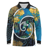 New Zealand Tui Bird Long Sleeve Polo Shirt Maori Koru With Kowhai Flowers LT05 Black - Polynesian Pride