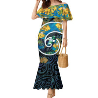 New Zealand Tui Bird Mermaid Dress Maori Koru With Kowhai Flowers LT05 Women Black - Polynesian Pride
