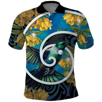 New Zealand Tui Bird Polo Shirt Maori Koru With Kowhai Flowers LT05 Black - Polynesian Pride