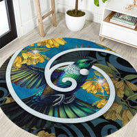 New Zealand Tui Bird Round Carpet Maori Koru With Kowhai Flowers LT05 Black - Polynesian Pride