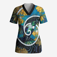 New Zealand Tui Bird Scrub Top Maori Koru With Kowhai Flowers