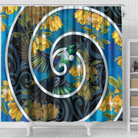 New Zealand Tui Bird Shower Curtain Maori Koru With Kowhai Flowers LT05 - Polynesian Pride