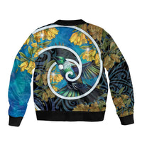 New Zealand Tui Bird Sleeve Zip Bomber Jacket Maori Koru With Kowhai Flowers LT05 - Polynesian Pride