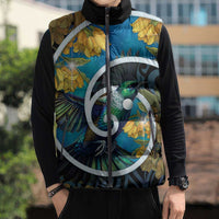 New Zealand Tui Bird Sleeveless Puffer Jacket Maori Koru With Kowhai Flowers LT05 - Polynesian Pride