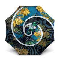 New Zealand Tui Bird Umbrella Maori Koru With Kowhai Flowers LT05 One Size Folded 11.42 inch Opened Diameter 37.4 inch Black - Polynesian Pride