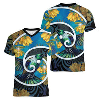 New Zealand Tui Bird Women V-Neck T-Shirt Maori Koru With Kowhai Flowers LT05 - Polynesian Pride
