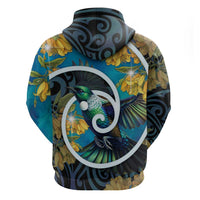 New Zealand Tui Bird Zip Hoodie Maori Koru With Kowhai Flowers LT05 - Polynesian Pride