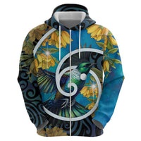New Zealand Tui Bird Zip Hoodie Maori Koru With Kowhai Flowers LT05 - Polynesian Pride